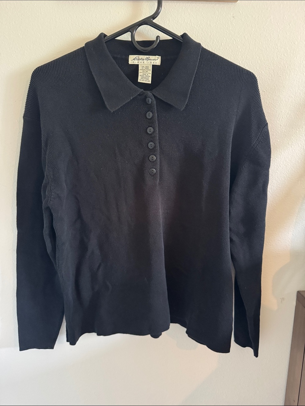 Eddie Bauer Black Long-Sleeve Polo Button Knit Top